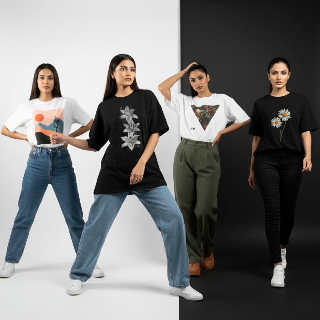 Boldly Hers women’s streetwear by Octora Studio featuring four models in oversized tees