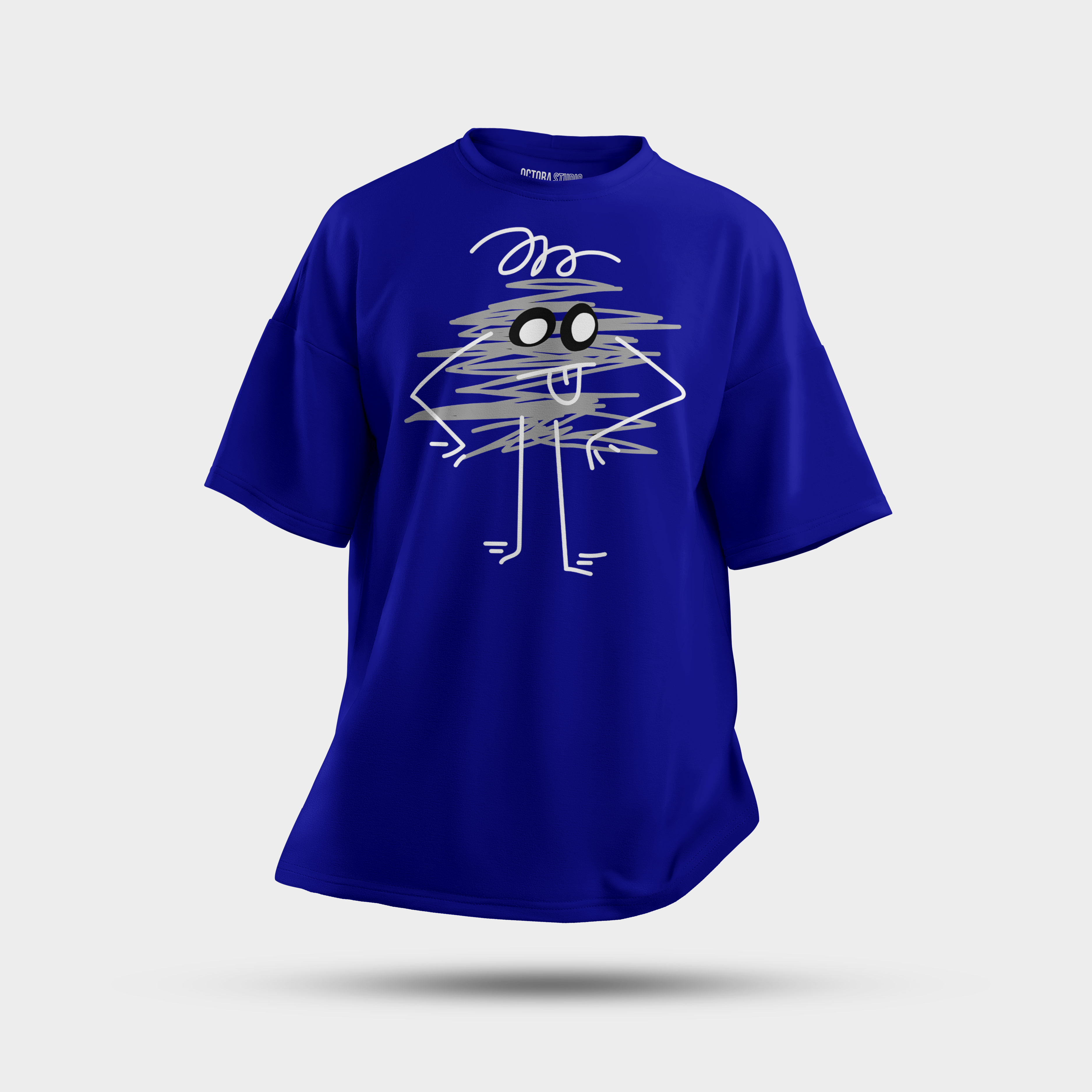 Blue Scribble Character Oversized T-Shirt – Fun Doodle Streetwear Tee