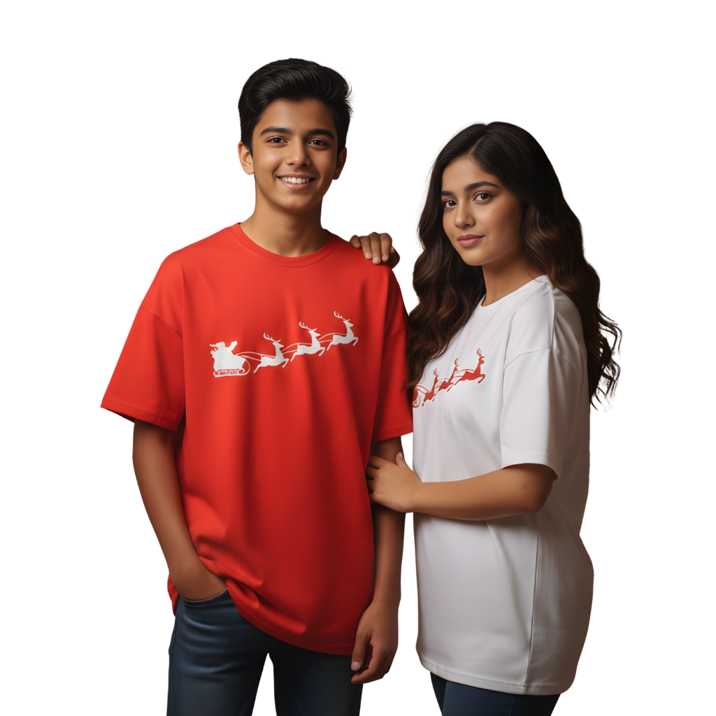 Santa Sleigh Red Silhouette Oversized T-Shirt – Minimal Christmas Graphic Tee