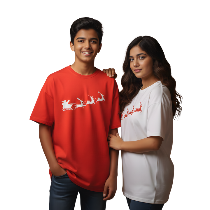 Santa Sleigh Red Silhouette Oversized T-Shirt – Minimal Christmas Graphic Tee