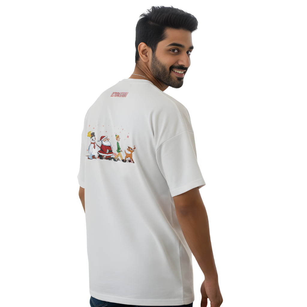 Cartoon Christmas Parade Oversized Tee – Santa, Reindeer & Snowman Festive Print