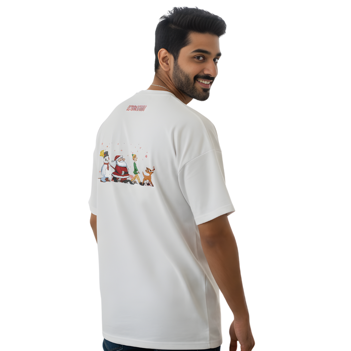 Cartoon Christmas Parade Oversized Tee – Santa, Reindeer & Snowman Festive Print