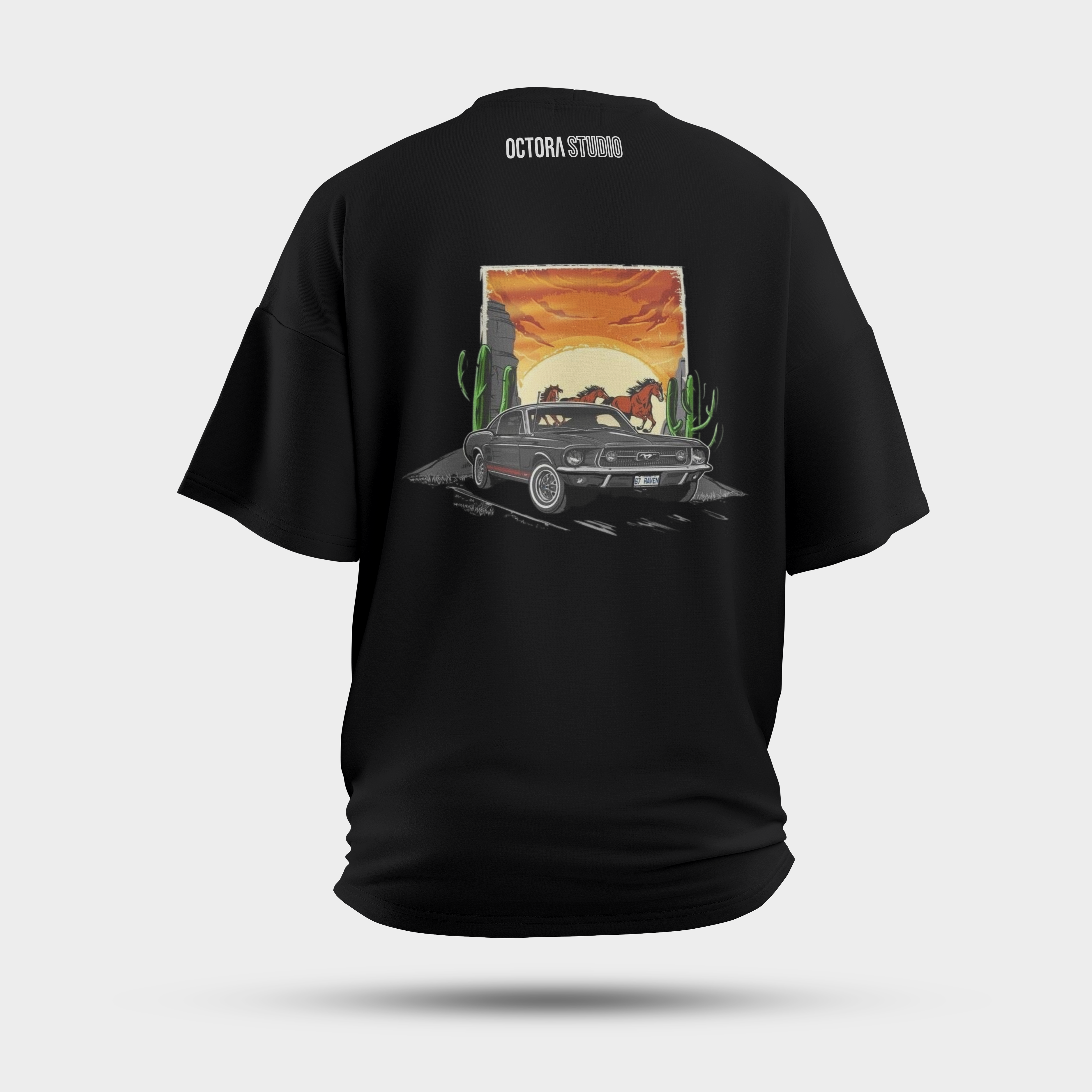 Octora Oversized Printed T-Shirt – Front Mustang Edition | Retro Drive Graphic | Heavy Cotton 260 GSM