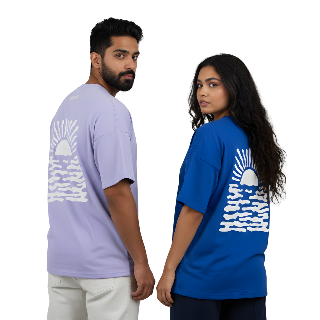 Minimal Sun & Waves Oversized T-Shirt – Hand-Drawn Ocean Graphic Tee