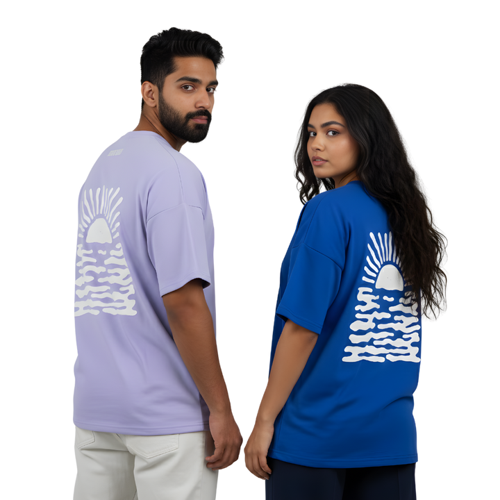 Minimal Sun & Waves Oversized T-Shirt – Hand-Drawn Ocean Graphic Tee