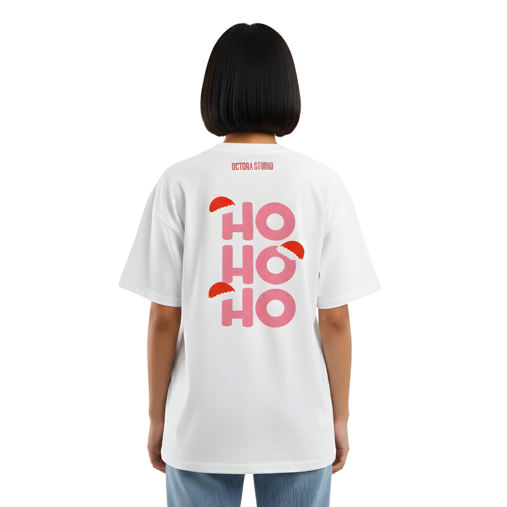 HO HO HO Christmas Oversized T-Shirt – Cute Santa Hat Graphic | Heavy 240 GSM Cotton