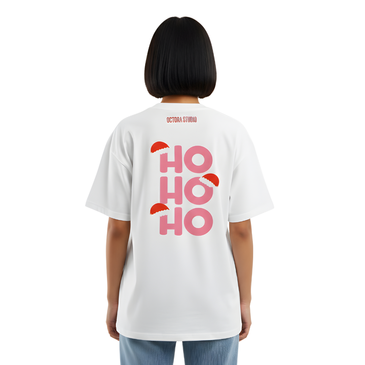 HO HO HO Christmas Oversized T-Shirt – Cute Santa Hat Graphic | Heavy 240 GSM Cotton