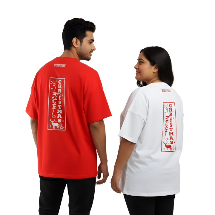 Christmas Vertical Graphic Oversized T-Shirt – Reindeer & Tree Artwork | Premium 240 GSM Cotton