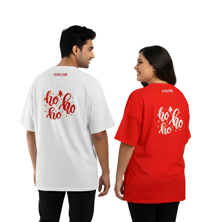 Ho Ho Ho Brush Script Christmas Oversized T-Shirt – Festive Red Graphic | Premium Cotton Tee