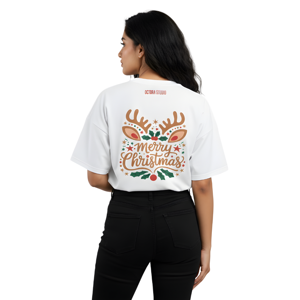 Merry Christmas Reindeer Oversized T-Shirt – Holiday Illustration | Premium Cotton Tee