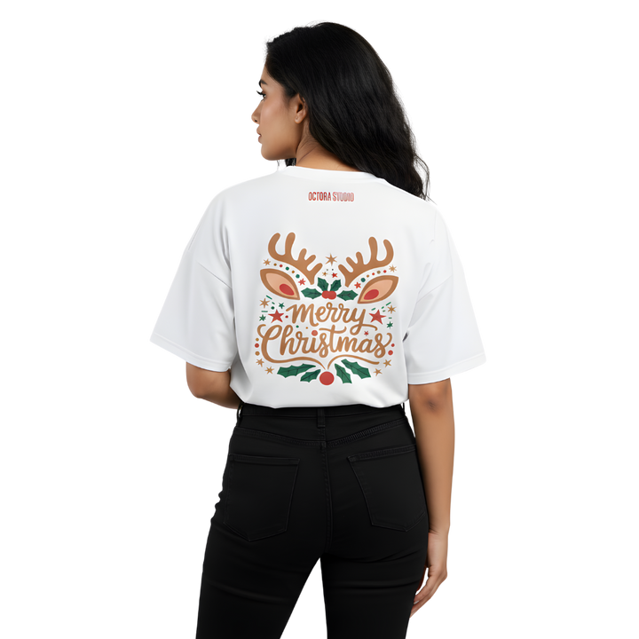 Merry Christmas Reindeer Oversized T-Shirt – Holiday Illustration | Premium Cotton Tee