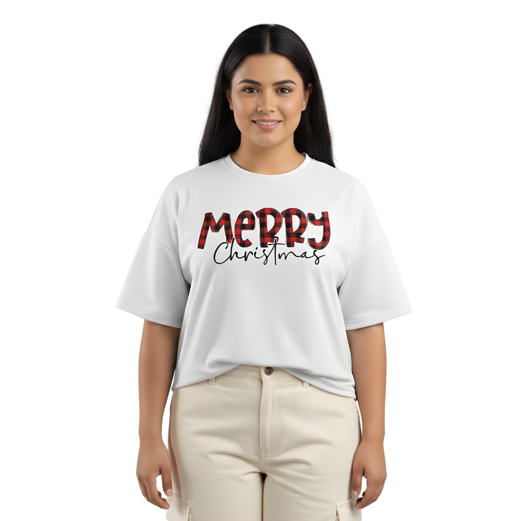 Plaid Merry Christmas Oversized T-Shirt – Buffalo Check Typography | 240 GSM Premium Fabric