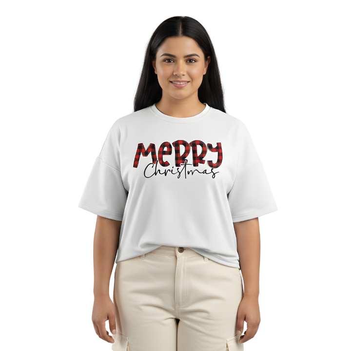 Plaid Merry Christmas Oversized T-Shirt – Buffalo Check Typography | 240 GSM Premium Fabric