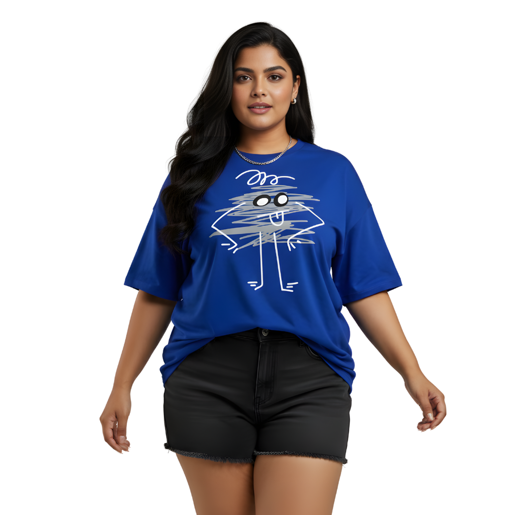 Blue Scribble Character Oversized T-Shirt – Fun Doodle Streetwear Tee