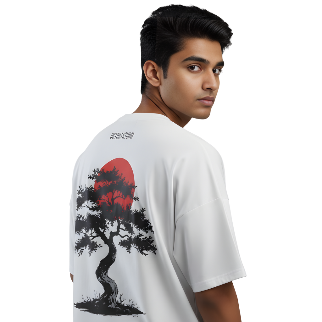 Japanese Bonsai Sunset Oversized T-Shirt – Artistic Tree Graphic Tee