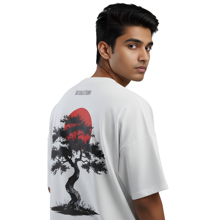 Japanese Bonsai Sunset Oversized T-Shirt – Artistic Tree Graphic Tee