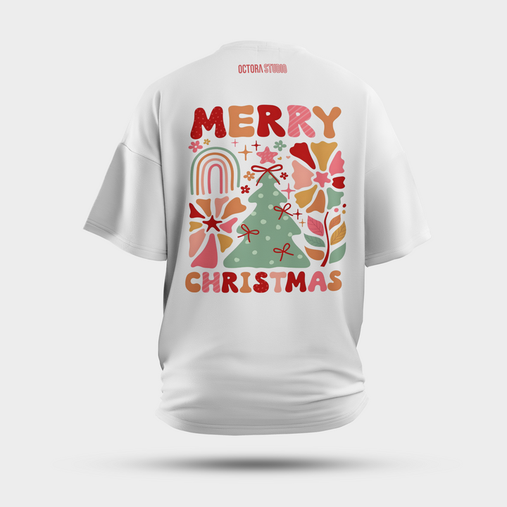 Retro Pastel Merry Christmas Oversized T-Shirt – Aesthetic Holiday Wear