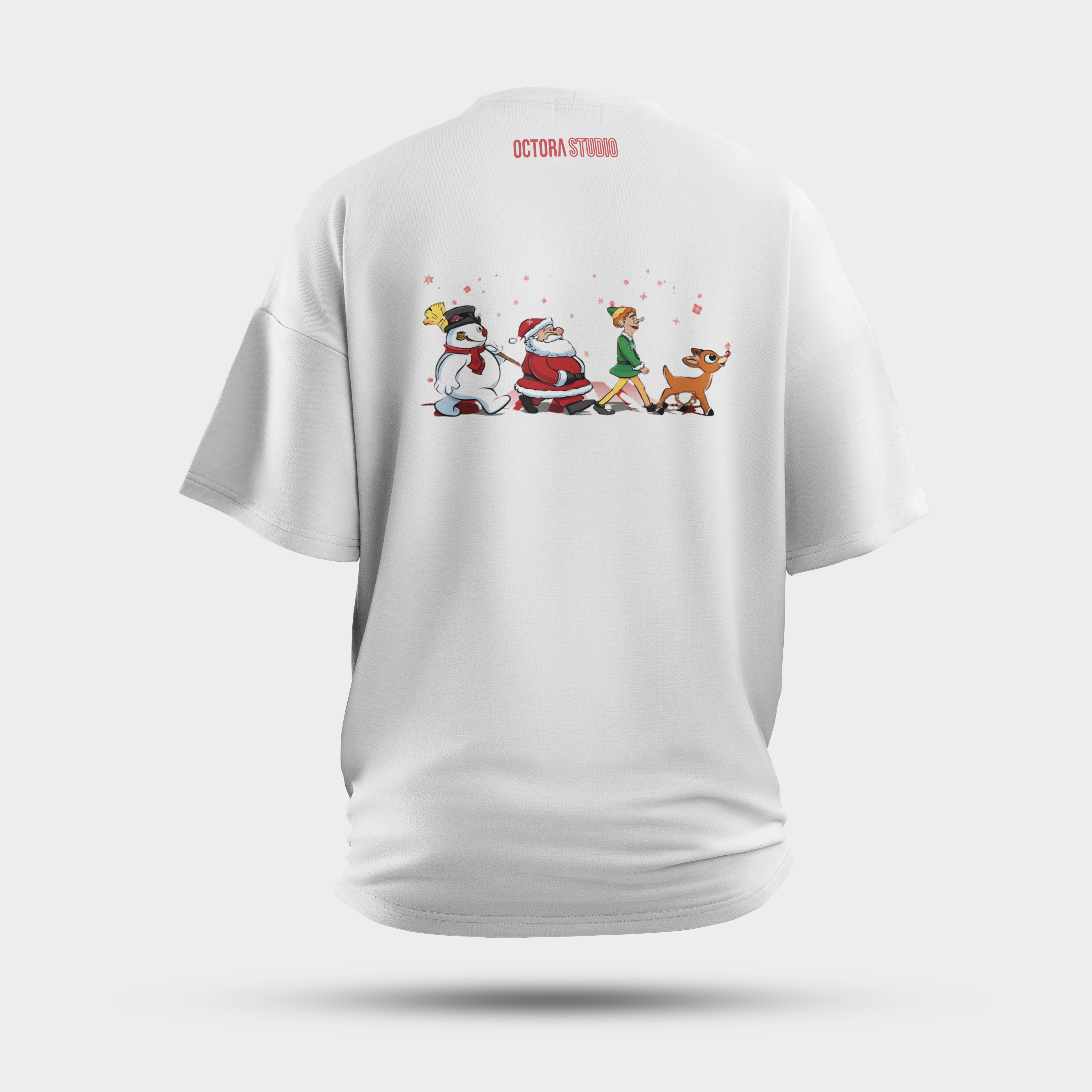 Cartoon Christmas Parade Oversized Tee – Santa, Reindeer & Snowman Festive Print