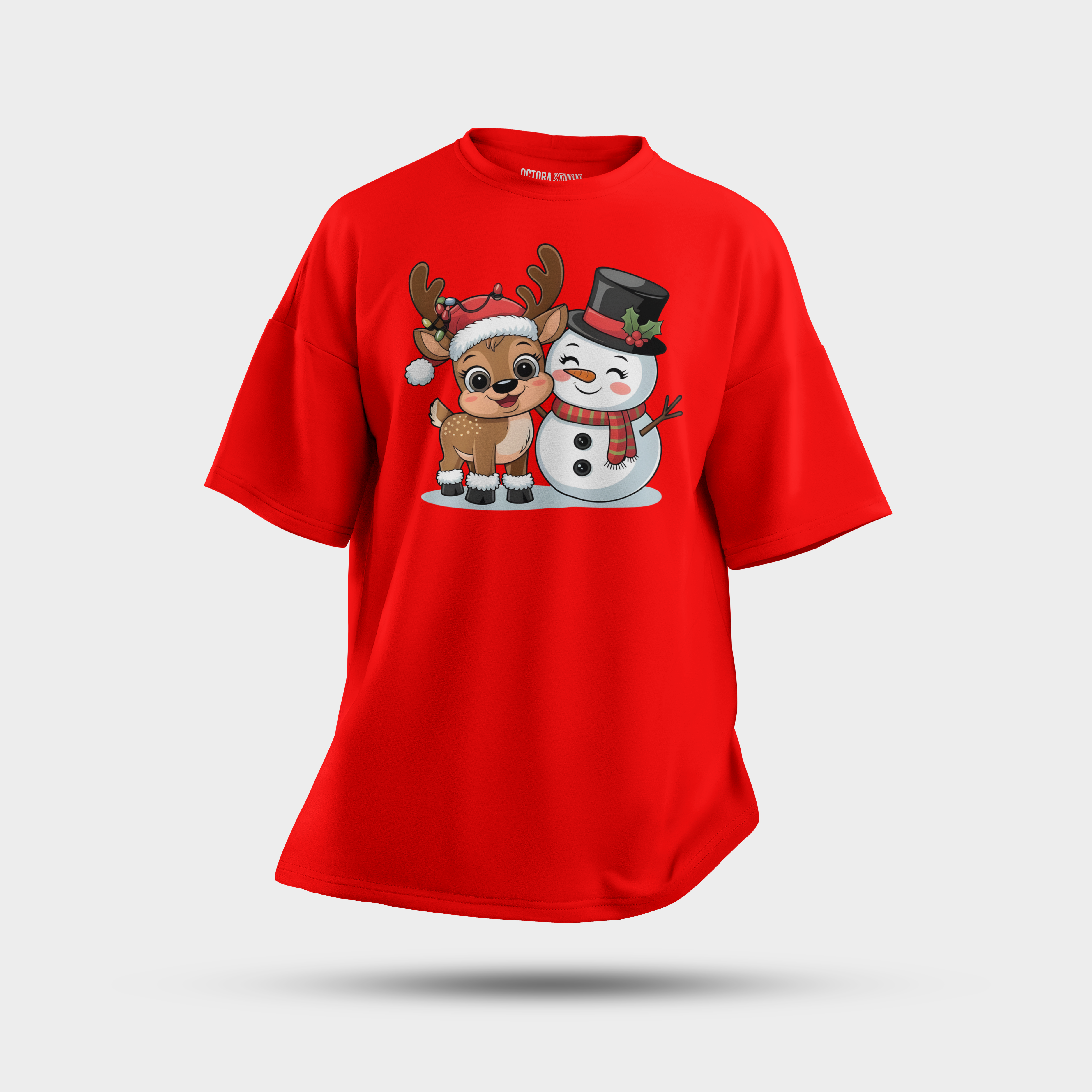 Octora Oversized Christmas T-Shirt – Cute Reindeer & Snowman Edition | Premium French Terry Cotton (240–260 GSM)