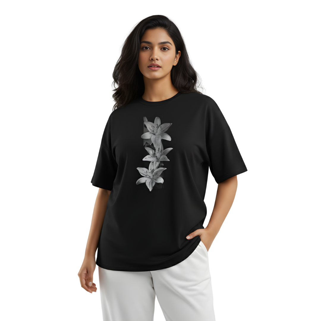 Octora Oversized T-Shirt – Monochrome Lily Edition | 100% Cotton Heavyweight (240–260 GSM)