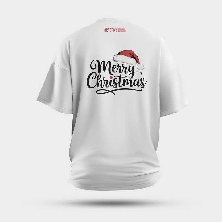 Merry Christmas Calligraphy Oversized T-Shirt with Santa Hat – Minimal Festive Tee