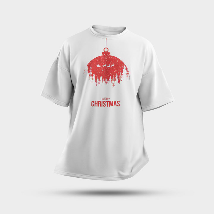 Christmas Ornament Forest Oversized Tee – Minimal Red Christmas Design
