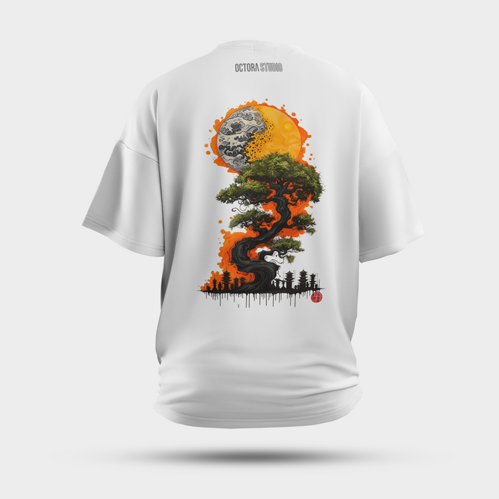 Minimal Japanese Tree Oversized T-Shirt – Red Sun Aesthetic Tee