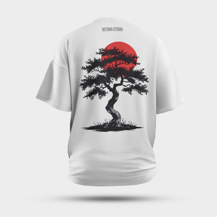 Japanese Bonsai Sunset Oversized T-Shirt – Artistic Tree Graphic Tee