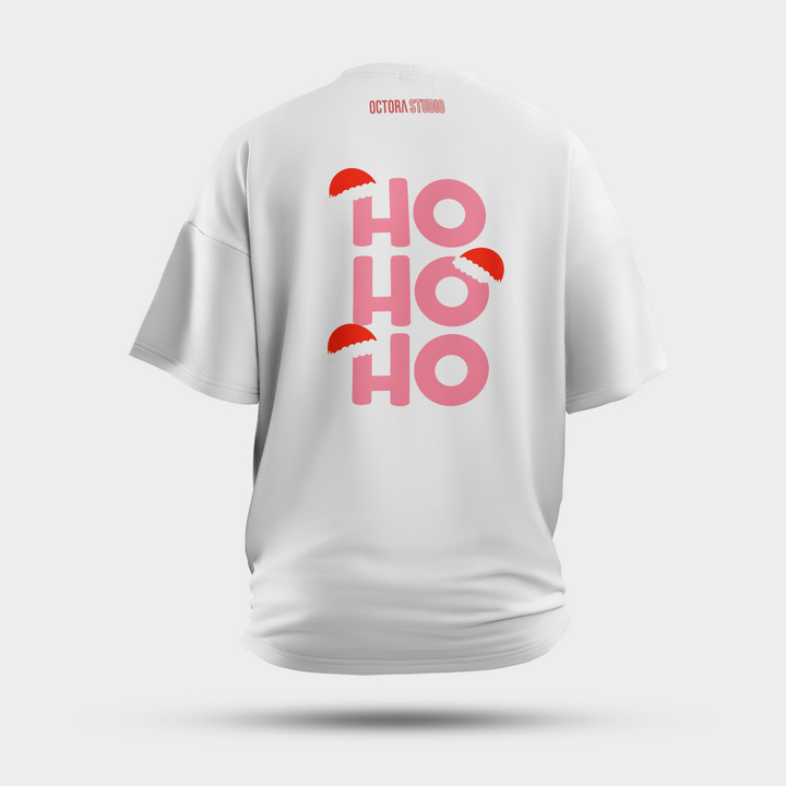 HO HO HO Christmas Oversized T-Shirt – Cute Santa Hat Graphic | Heavy 240 GSM Cotton