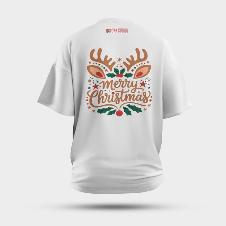 Merry Christmas Reindeer Oversized T-Shirt – Holiday Illustration | Premium Cotton Tee