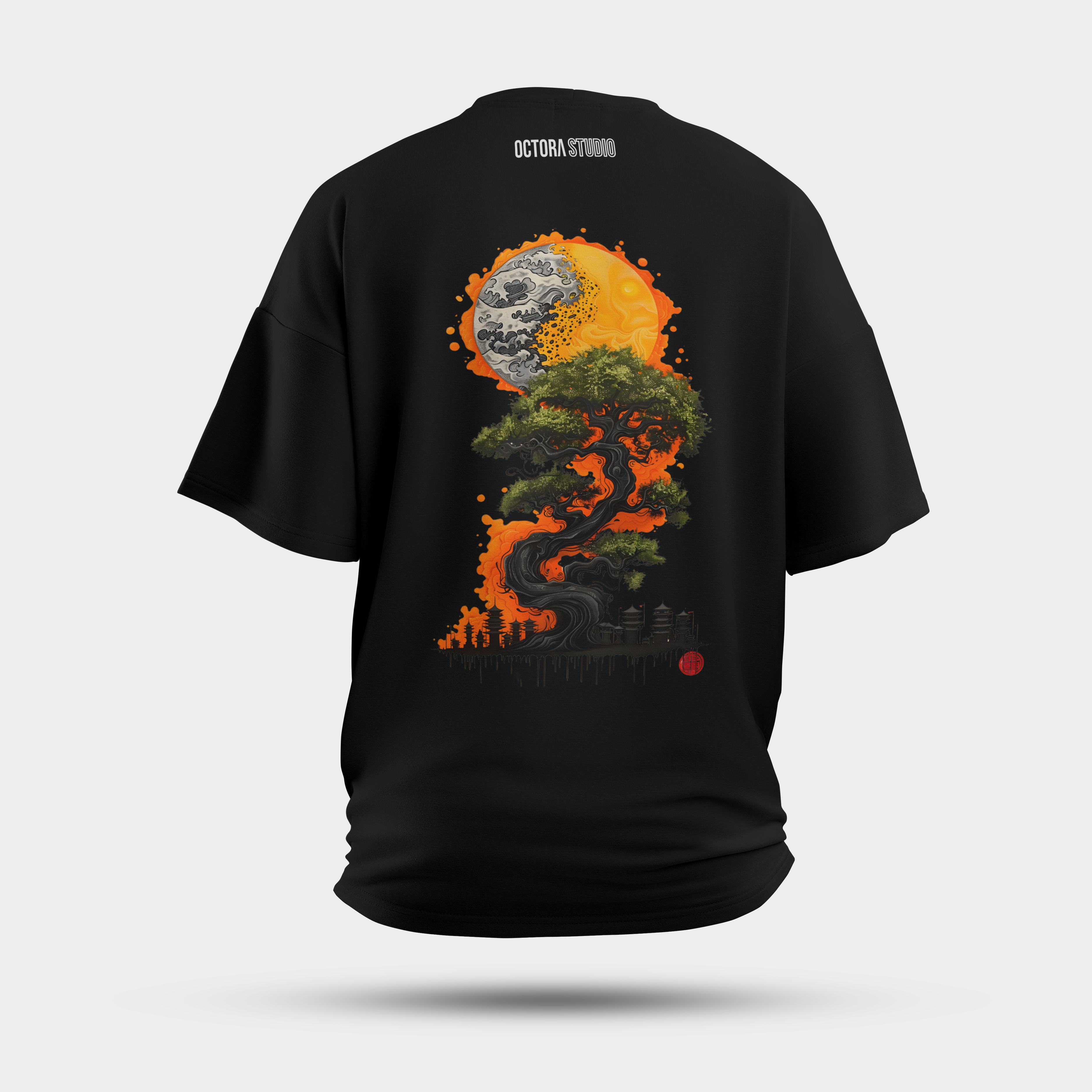 Minimal Japanese Tree Oversized T-Shirt – Red Sun Aesthetic Tee