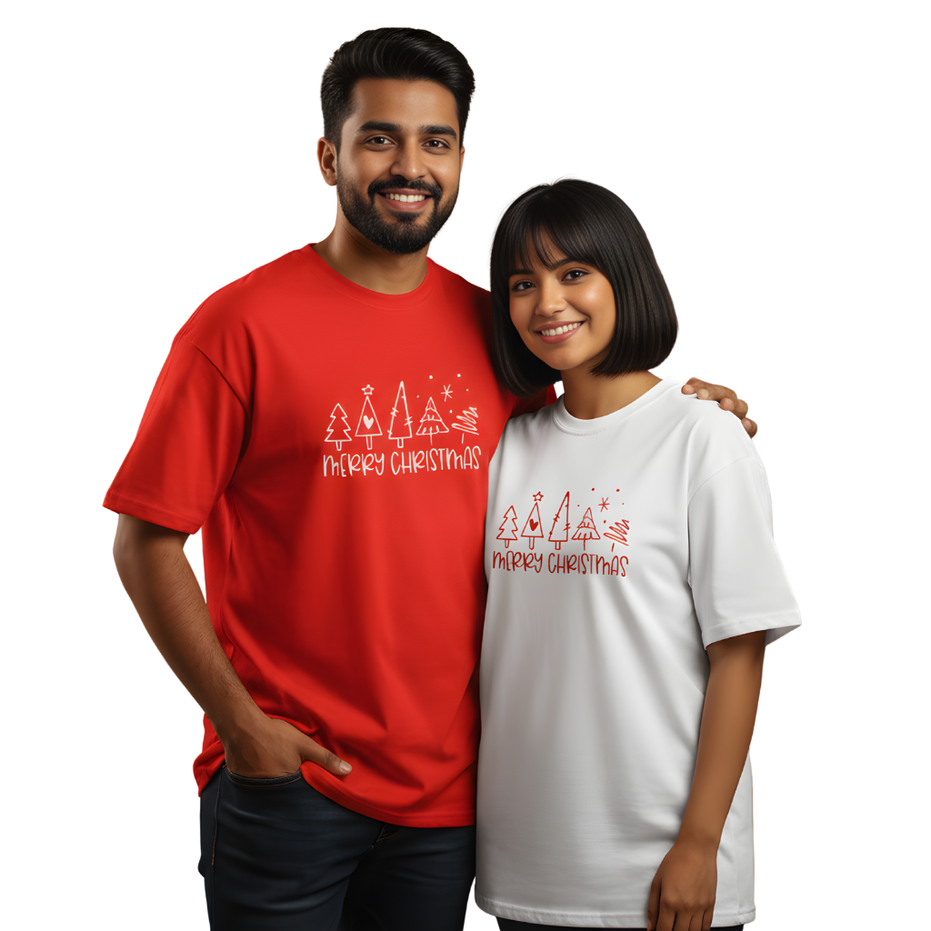 Hand-Drawn Christmas Trees Oversized T-Shirt – Festive Minimal Tee