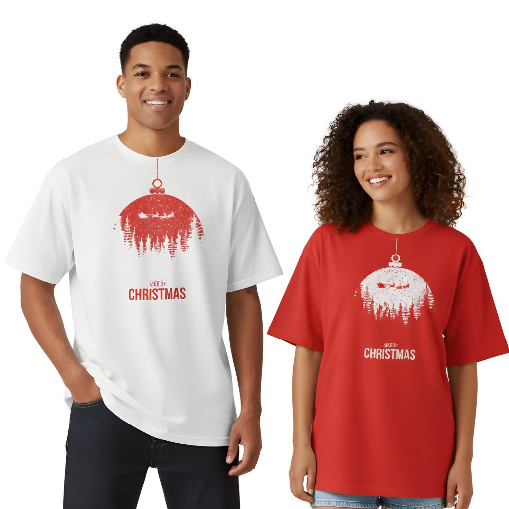 Christmas Ornament Forest Oversized Tee – Minimal Red Christmas Design