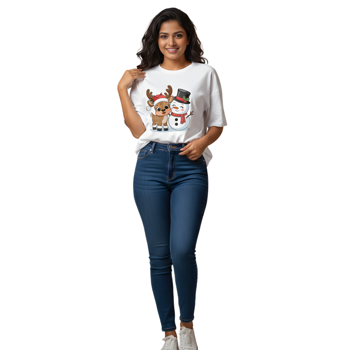 Octora Oversized Christmas T-Shirt – Cute Reindeer & Snowman Edition | Premium French Terry Cotton (240–260 GSM)