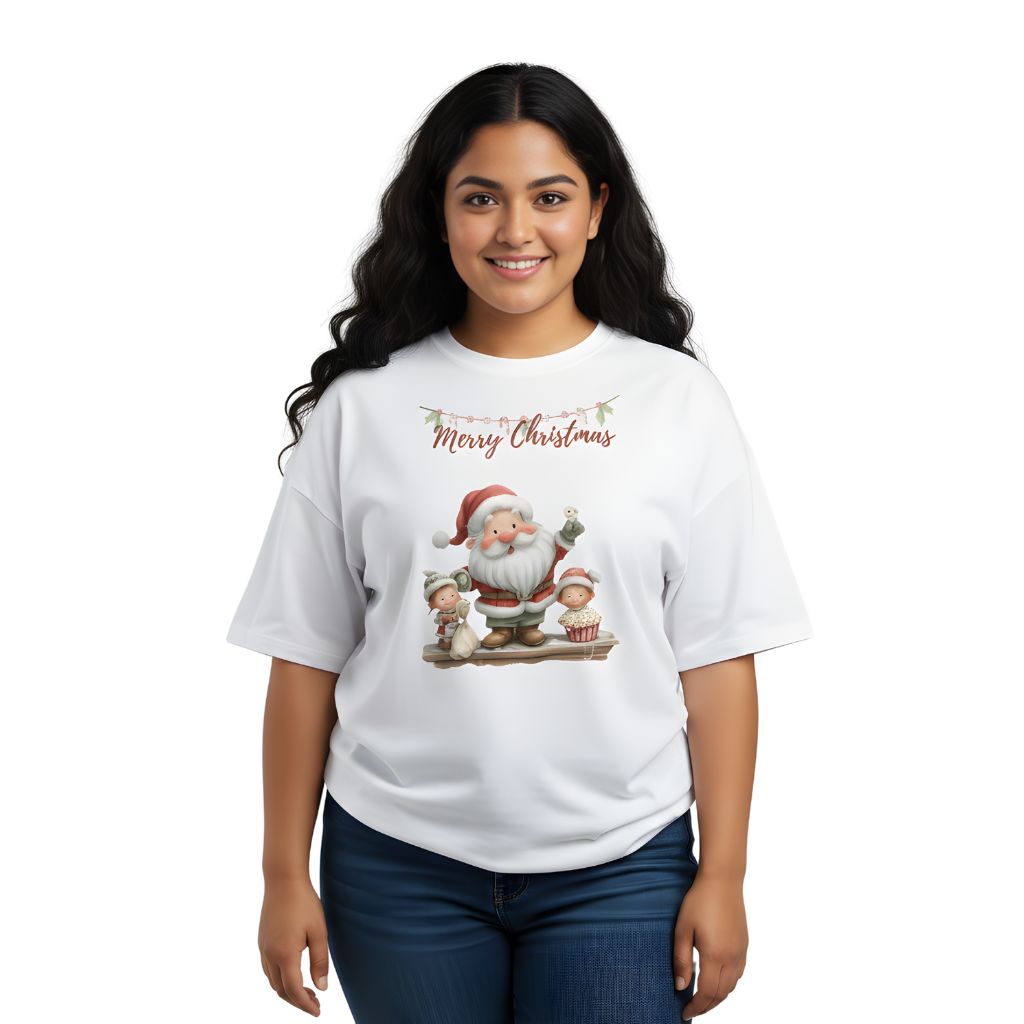 Santa & Kids Oversized Christmas T-Shirt – Festive Art Tee for Students