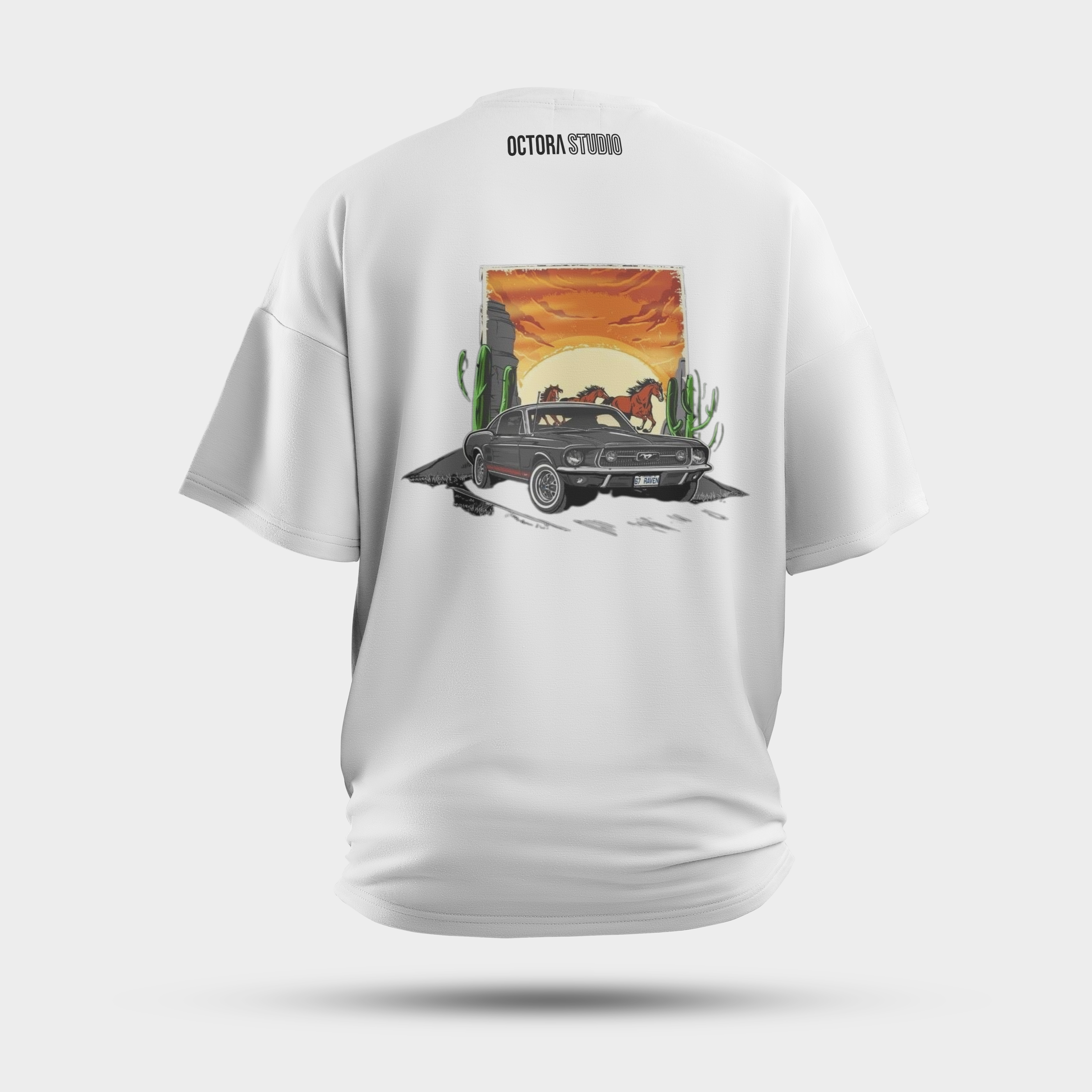 Octora Oversized Printed T-Shirt – Front Mustang Edition | Retro Drive Graphic | Heavy Cotton 260 GSM