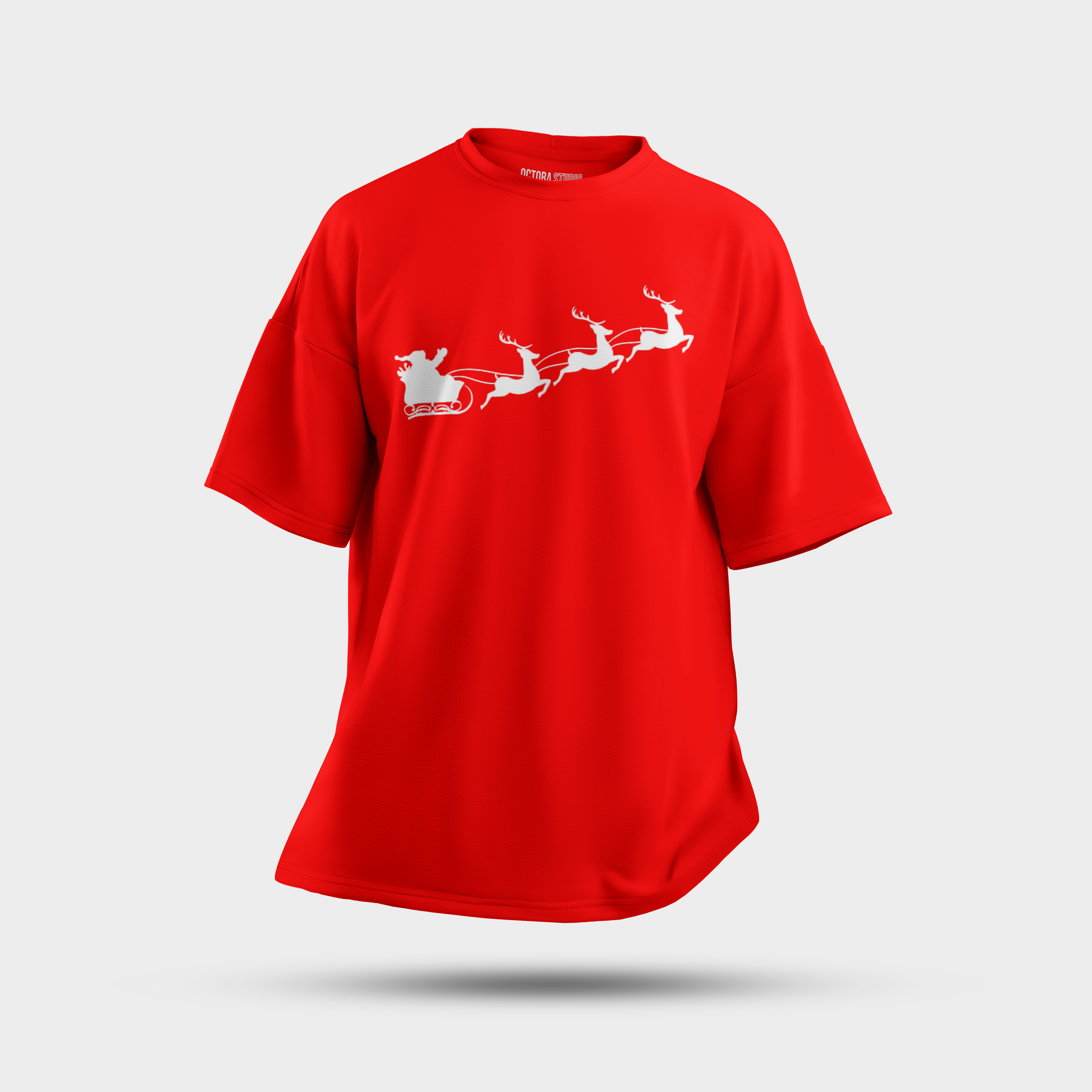 Santa Sleigh Red Silhouette Oversized T-Shirt – Minimal Christmas Graphic Tee