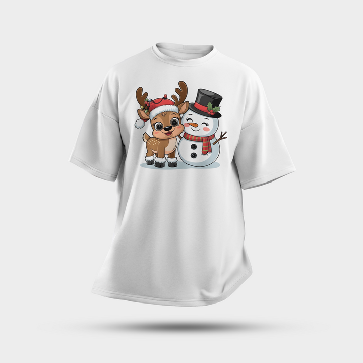 Octora Oversized Christmas T-Shirt – Cute Reindeer & Snowman Edition | Premium French Terry Cotton (240–260 GSM)