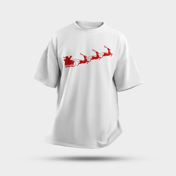Santa Sleigh Red Silhouette Oversized T-Shirt – Minimal Christmas Graphic Tee